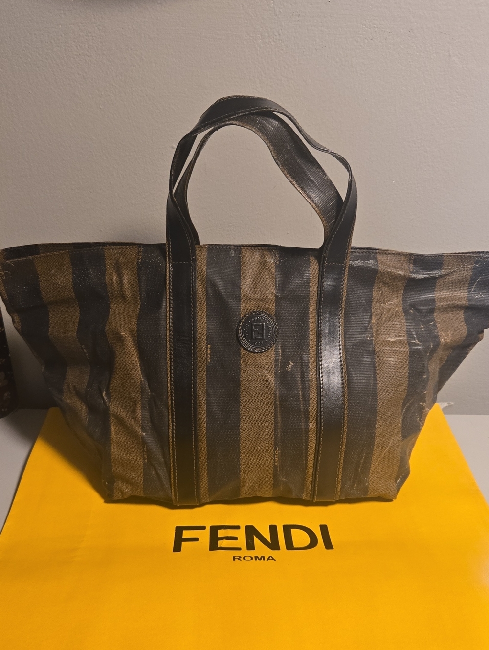 Fendi Black & Brown Striped Canvas Tote with Leather Trim